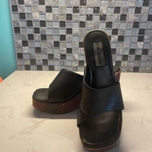 Vintage Steve Madden Jessie Wedge Black Leather & Dark Cherry Wood Size 5